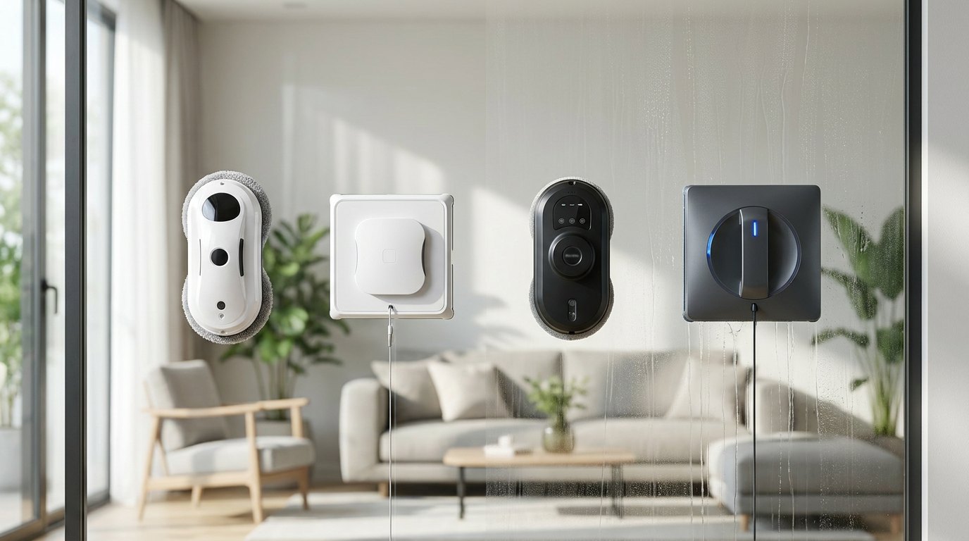 Quatre robots lave-vitres de conceptions différentes, alignés sur une baie vitrée