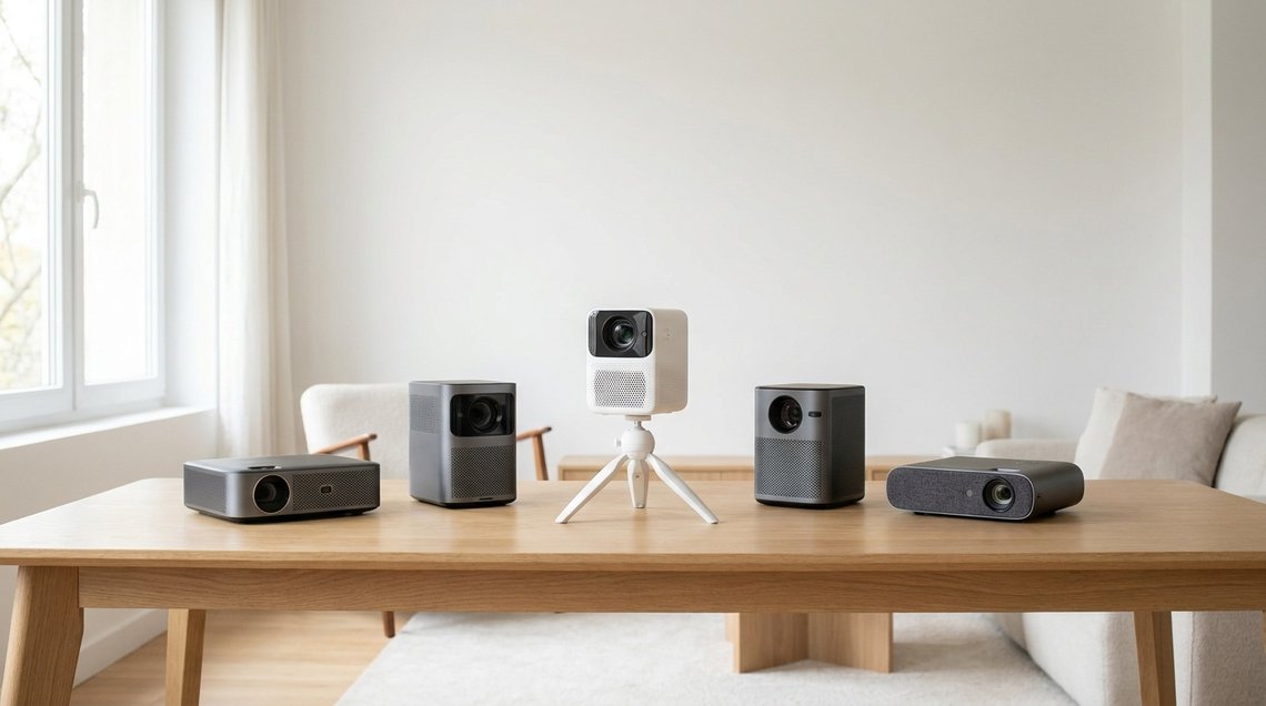 Cinq vidéoprojecteurs compacts alignés pour comparaison