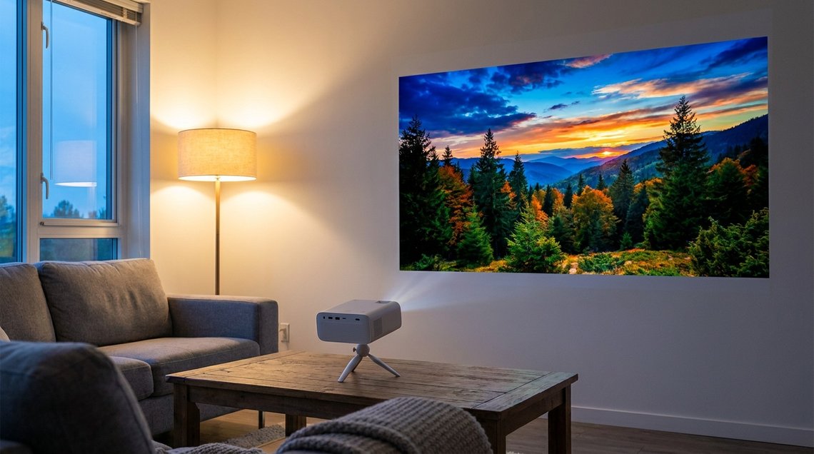 Vidéoprojecteur compact en test dans un salon, image projetée sur un mur blanc