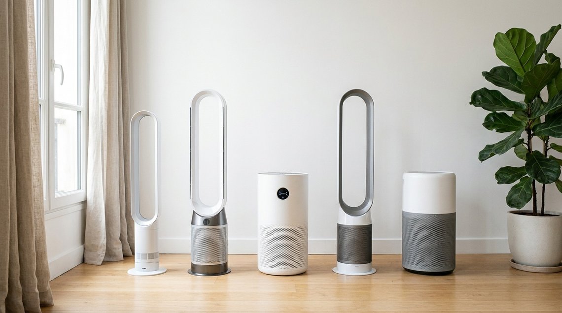 Cinq purificateurs d'air alignés dans un salon pour comparaison