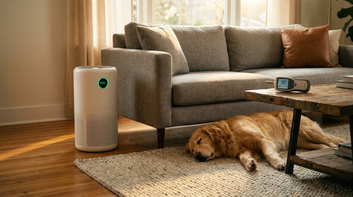Purificateur d'air en test dans un salon avec un chien et un compteur de particules